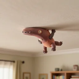 A claymation of a strange creature crawling on the living room ceiling