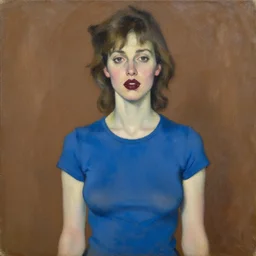 expressive medium shot portrait of a pale sexy young 8 0 s model busty woman with tomboy brown hair, big maroon lips, wearing a blue tight tshirt, brown background, oil painting, impasto, muted colors, artwork by lucian freud, arnold bocklin, giorgio morandi