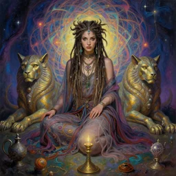 sublimely attractive dreadlocked hippy female, dragon born assassins of the mystic unity, fine silks draped over form, see through clothing, mystical objects everywhere, psychedelic fractal sphinx, illustrative character design, concept art, tales of earthsea, sky witch, colorful, matte painting, soft illumination, painting by gaston bussiere, craig mullins, j. c. leyendecker, tom of finland