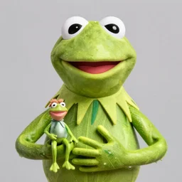 photograph of kermit the frog holding a miniature jim henson
