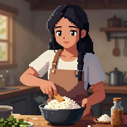 filipino girl cooking rice in a pixel art style