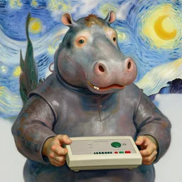 vincent van gogh Wearing hippo costume, zx spectrum color palette, anatomy, only two hands, highly detailed, digital painting, artstation, concept art, smooth, sharp focus, illustration, Unreal Engine 5, 8K, art by art by artgerm and greg rutkowski and edgar maxence