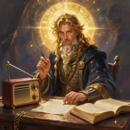 wizard, radio equipment, desk, tome, digital 2d fantasy painting