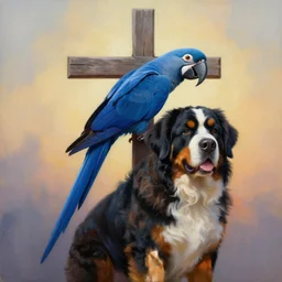 painting of cross between blue macaw & saint bernard, intercrossed animal, by zdzislaw beksinski, by tiffany bozic, cold hue's, warm tone gradient background, concept art, beautiful composition, digital painting,