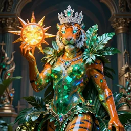 photo of baroque and bladerunner delicate neon emerald sculpture of seductive king adrien sahores tigers orange iridescent humanoid deity wearing metallic jungle leaves holding the sun prismatic dungeon, glowing rainbow face, crown of white diamonds, cinematic lighting, photorealistic, octane render 8 k depth of field 3 d