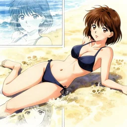 A girl with short brown hair, wearing a swimsuit, laying on the beach drawn by WLOP, by Avetetsuya Studios, attractive character, colored sketch anime manga panel, trending on Artstation