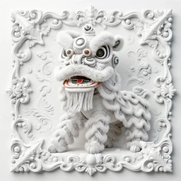 a white chinese lion dance, wisdom, scrollwork + rococco + baroque + white ink + magical + symmetrical + detailed intricate + heraldic design + atmosphere + by peter mohrbacher and kentaro miura + high details, in the style of jean delville, artstation, 8 k, tarmo juhola, ivan laliashvili, james gurney, moe