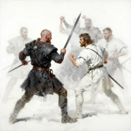 clack and white oil painting of a viking fighting by greg tocchini, by thomas blackshear, by jeremi lipking, by etam cru, by craig mullins, dark particles, brush strokes, white background, realistic faces, elegant, cinematic light, sharp focus, illustration, harmony, dynamic composition, masterpiece, pen,
