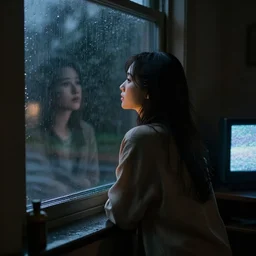 woman looking out of a window into the rainy night, reflection on the window, back, - view, dark room with just a tv with static