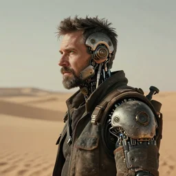 a rugged middle aged machinist man with cybernetic enhancements and unique hair lost in the desert, scifi character portrait by greg rutkowski, esuthio, craig mullins, short beard, green eyes, 1 / 4 headshot, cinematic lighting, dystopian scifi gear, gloomy, profile picture, mechanical, half robot, implants, steampunk