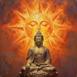 a painting of a blazing geometric sun above a techno buddha, detailed, 4 k, warm colours, by stanley donwood and philippe druillet,