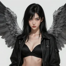 beautiful black haired girl with gray wings, black jacket, black bra, highly detailed, d & d, fantasy, highly detailed, digital painting, trending on artstation, concept art, sharp focus, illustration, art by artgerm and greg rutkowski and fuji choko and viktoria gavrilenko and hoang lap