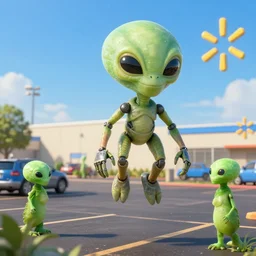 a highly detailed photo of robot aliens landing in Walmart parking lot, featured on Artstation