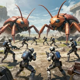 futuristic soldiers are in an epic battle against giant bugs in the style of a live action japanese show