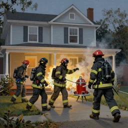 Firefighters responding to a house fire, painted by Thomas Kinkade, 4k, hyper detailed.