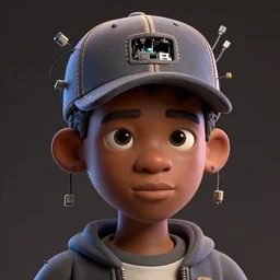 caricature style - portrait - art of an african boy wearing a baseball cap with wires and computer chips dangling from inside, character concept art, art style by james jean & jack davis, vfx, volumetric light, dramatic lighting, ray tracing, digital illustration, claymation style, unreal engine render, sharp, intricate detail, behance, artstation, pinterest,