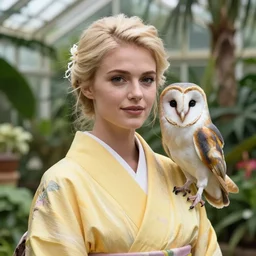 head to shoulder portrait photograph of an elegant blond woman wearing a yellow kimono in a tropical greenhouse. looking at the camera!!. very detailed barn owl on her shoulder!!!. super resolution. 85 mm f1.8 lens.bokeh.graflex. by Alessio albi !