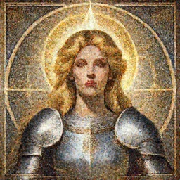 masterpiece head-on symmetrical centered painted portrait, Elisha Cuthbert as a warrior paladin, blonde hair, golden halo, saintly, glorious light, sacred geometry, wearing full metal armour, elegant, distant, in the style of Edgar Maxence and Ross Tran and Zdzisław Beksiński and Michael Whelan and Mucha, 8k, octane render