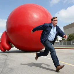 Drew Carey running in fear from a giant red apply rolling after him.