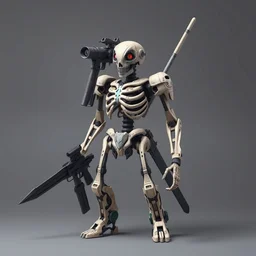 skeletal android, gun for a head, swords for arms, military prototype.