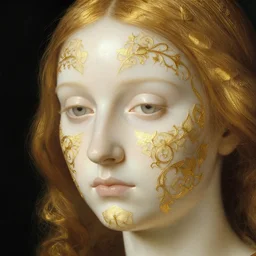 a beautiful girl's face made of ivory and gold filigree, film still by edward hopper, by Bosch, by klimt, art noveau, highly detailed, very ornate, strong lights, liminal, eerie, Bright pastel colors, octane render, 8k