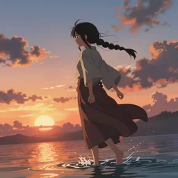 anime woman from thailand walking through shallow water, hair tied and braided loosely, mage gown,  sunset, dramatic angle, hopeless, dynamic pose, 8k hdr pixiv dslr photo by Makoto Shinkai ilya kuvshinov and Wojtek Fus, digital art, concept art, beautiful clouds