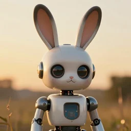 small kid robot with big eyes ang big rabbit ears. Art by William-Adolphe Bouguereau. During golden hour. Extremely detailed. Beautiful. 4K. Award winning.