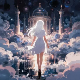 white haired girl walking in flooded cloud palace night, fractal dreamscape, cinematic, vibrant dark colors digital anime illustration by studio ghibli, smooth coloring