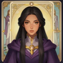 masterpiece head-on symmetrical centered painted portrait, Maya Ali as D&D Mage, Gloomhaven game style, wearing wizard robes, elegant, tarot card background, in the style of ROSSDRAWS and Ruan Jia and Ross Tran and Alphonse Mucha and Ayami Kojima and Charlie Bowater and Karol Bak and Jean Delville, pixar, maya engine, splash comics, global illumination lighting, rich bright colours