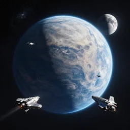 fantasy Outerspace large planet looming, a moon off to the side, spaceships flying between the moon and the planet, 4k, digital art, trending on artstation, galaxy