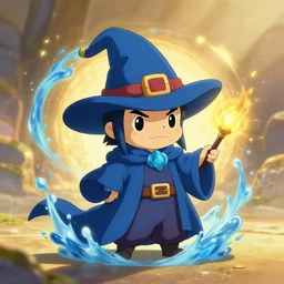 chibi wizard in blue, fantasy, golden hour, magical, studio ghibli splash art, wlop, highly detailed, trending on artstation, 4 k, wallpaper - 1 0 2 4