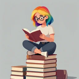a young woman with rainbow hair and glasses sits cross legged on top of a tall pile of books. she is reading. clean pretty cartoon painting, beautiful detailed face.
