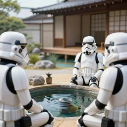 close - up image of a japanese house with a pond, stormtroopers sitting around it, in style of pop - art, andy warhol, roy lichtenstein, jackie tsai, bright and saturated palette, acrylic on canvas