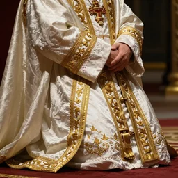 kneeling before the pope, royal robe, gold trim, close - up, light effect, hyper detailed, intricate, atmospheric, elegant, photorealistic by paul lehr, marco mazzoni, featured on cgsociety, rococo, whimsical, artstation