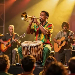 a beautiful reggae music concert, raw, brass instrument, singer, tabla, guitar, battery, view from the crowd, by james jean, by rossdraws, frank franzzeta, mcbess, ( yellow ) red green scheme color