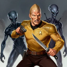 Jean Luc Picard violently murdering an alien from Star Trek with a knife and .45 , highly detailed, digital painting, artstation, concept art, smooth, sharp focus, illustration by Artgerm and Greg Rutkowski and Tom Bagshaw