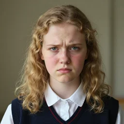 portrait of a thin adolescent white woman with round face wearing a school uniform, 1 6 yo, annoyed look, skin pores, acne, uneven skintone, dry skin flare up, dirty - blonde, center parting, curly hair, in the morning, ambient light, sigma 8 5 mm, nikon 5 0 mm f / 1. 8 g