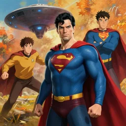 an epic fantasy comic book style portrait painting of the star trek enterprise fighting against superman, studio ghibli, unreal 5, daz, hyperrealistic, octane render, cosplay, rpg portrait, dynamic lighting, intricate detail, harvest fall vibrancy, cinematic