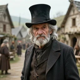 an old male halfling with grey hair and black eyes wearing a suit and top hat in a medieval village, D&D, high detail, trending on artstation, 4k photorealistic, volumetric lighting, HD