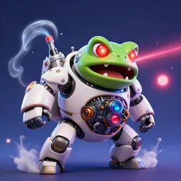 sideview of cute chubby dangerous angry 3 years old robots kids in battle pose ruling the world with big glowing laser red eyes and big  frog mouth , big complex belly mechanism , studio light, wapor wave retro design trending by greg rutkowski