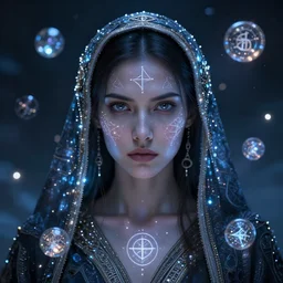 robed female astral projecting, stern look, highly detailed face, magick, technology, sigils, royo, led lights, glowing orbs, crystal shimmers,