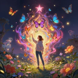 distant full long wide view shot. card player woman in a hoodie, jean pants, sneakers, enchanting an illusory spell. butterflies, flowers, fireflies, spirits, digital painting, detailed, colorful aura, 8 k, trending on artstation, smooth, sharp focus artwork by mark arian, artgerm, mark keathley, greg rutkowski