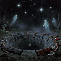 a deep dark well full of stars, cassette futurism, existential horror, people sleeping, ghosts, atmospheric haze, film. illustration by edward hopper, norman rockwell. film still, 1 6 mm cinematography