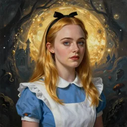 Elle Fanning in the painted world of Alice in Wonderland, head and shoulders masterpiece, apocalypse, golden hour, cosmic horror, artstation, in the style of Andrew Wyeth and Edward Hopper and Bosch, extremely detailed