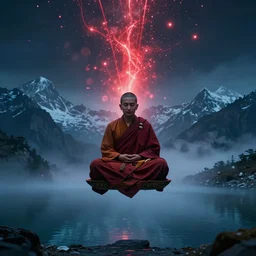 buddhist monk in lotus position flying in front of camera over himalaya mountains lake in weightlessness at night, small foggy and blue gloomy, big red energy sparks and lines in atmosphere, bokeh background, highly detailed science fiction illustration by jeremy geddes. photorealistic, hyper detailed, 8 k, movie still, artstation