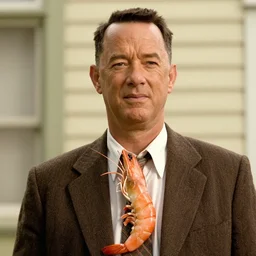 tom hanks as forrest gump wears a giant shrimp around the neck, photorealistic, cgsociety, artstation