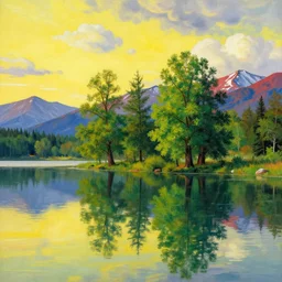 escher painting of a lake, big trees reflecting on lake surface, mountains at background, fluffy clouds, sunset, yellow, green, red, snowy, ultra sharp, ultra detailed, happy, uplifting, colorized by salvador