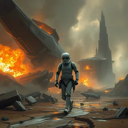 a painting of a cinematic keyframe of a storm trooper walking in a destroyed scifi city, remains of starships with fire and smoke by greg rutkowski, rule of thirds, golden ratio, ambient lighting, wlop, artgerm, artstation, highly detailed masterpiece, dark fantasy art, high detail, trending on artstation
