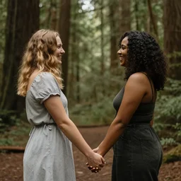 a woman of color, holding hands with a light skinned woman! they are in love!!! romantic! cute! bubbly!!! they are in a redwoods forest!!! by jeanne rongier
