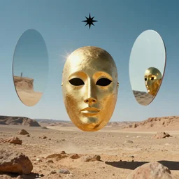 levitating bene gesserit with full - face golden mask and glowing eyes in a dry rocky desert landscape, visible sky and sunny atmosphere, fata morgana giant mirrors, black star in the sky by alejandro jodorowsky and christopher doyle, anamorphic lens flares, kodakchrome, cinematic composition, practical effects, 8 k,